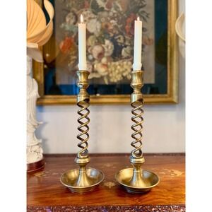 Vintage Solid Brass Barley Twist Candlesticks Pair • 13.75"